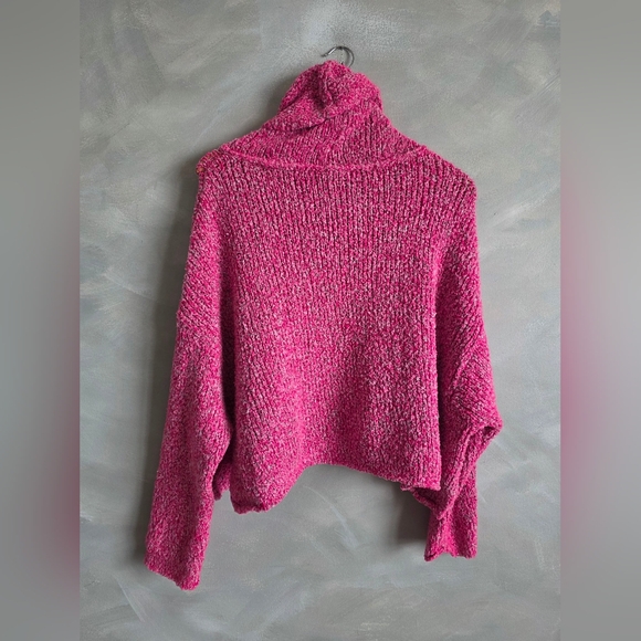 Free People Crop BFF Cowl Neck Sweater Pink Gray Sz S Oversized Slouchy - Picture 8 of 10